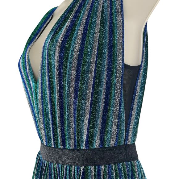 BCBGMaxAzria Metallic Striped Pleated Evening Gown Green Blue Size XXS - Picture 8 of 14